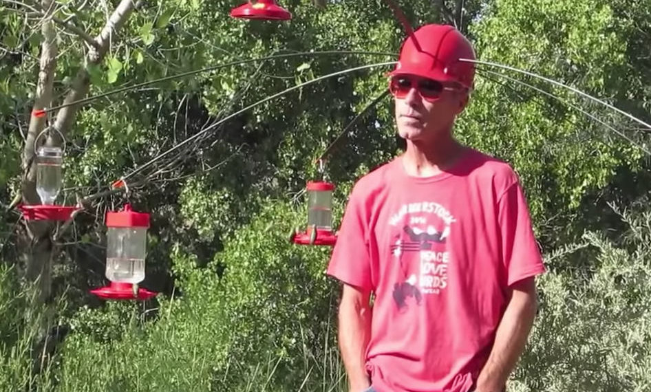 Guy Mods Hard Hat With Seven Hummingbird Feeders