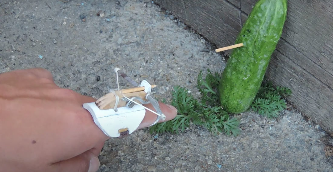 That Cucumber Never Saw It Coming: A Tiny Finger-Mounted Crossbow