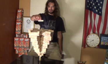 Man Sets New World Record By Stacking 485 Jenga Blocks On A Single Vertical Piece