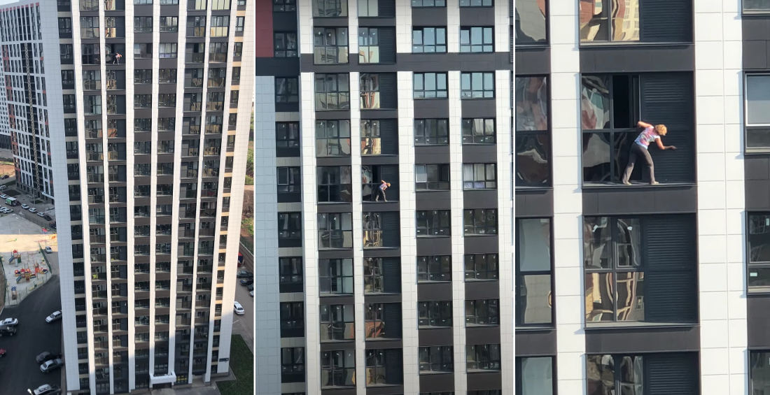 Meanwhile In Russia: Woman Casually Cleans Her Windows From The Ledge Outside Of 17th Story