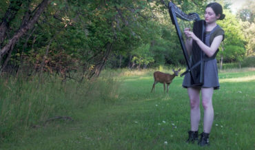 Deer Comes To Inspect Woman Performing ‘The Sound Of Silence’ On Harp In Meadow