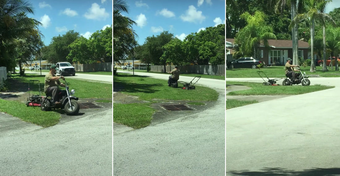 Work Smarter, Not Harder: Man Towing Lawnmower Behind Mini-Bike