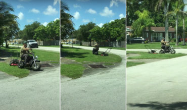 Work Smarter, Not Harder: Man Towing Lawnmower Behind Mini-Bike