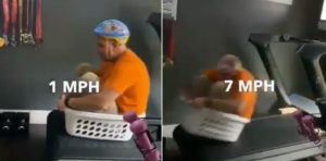 Man In Laundry Basket Tests The Speed Settings Of His Treadmill