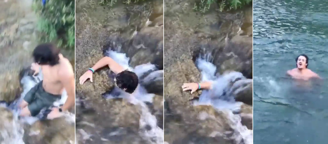 Oh Heck No: Guy Goes Through Water Tunnel In Rock