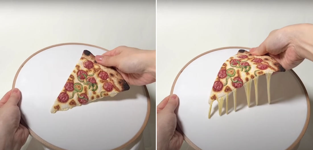 Realistic Embroidered Pizza Complete With Gooey Cheese Illusion