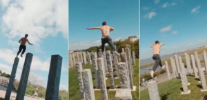 Parkour Parkour!: Guy Effortlessly Hops Across Tall, Narrow Stone Pillars In Park