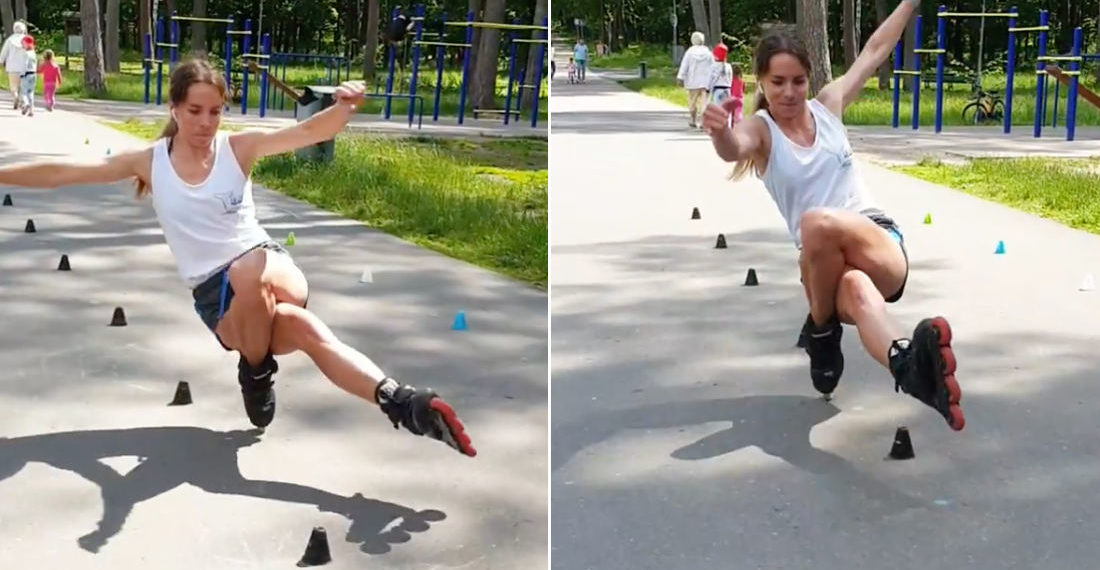 Mad Skills: Woman Performs Backwards One-Wheel Rollerblade Slalom