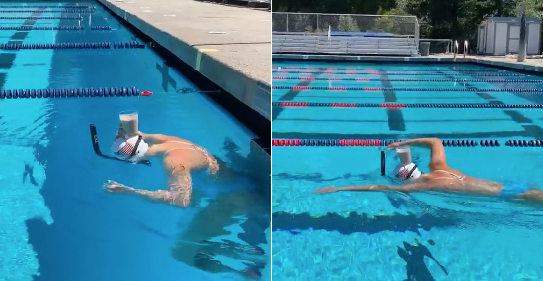 Olympic Swimmer Does Lap While Balancing Glass Of Chocolate Milk On Her Head