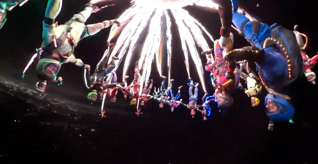 Night Skydivers Covered In LEDs With Sparklers Blasting Out Of Their Shoes