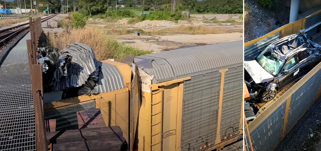 Low Bridge Opens The Top Of Auto-Carrying Rail Cars Like Sardine Cans, Destroying Cars Inside