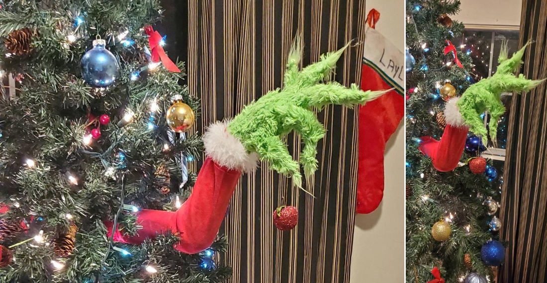 Grinch Arm Sticking Out Of Christmas Tree Ornament Holder