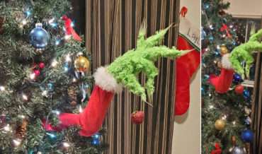 Grinch Arm Sticking Out Of Christmas Tree Ornament Holder