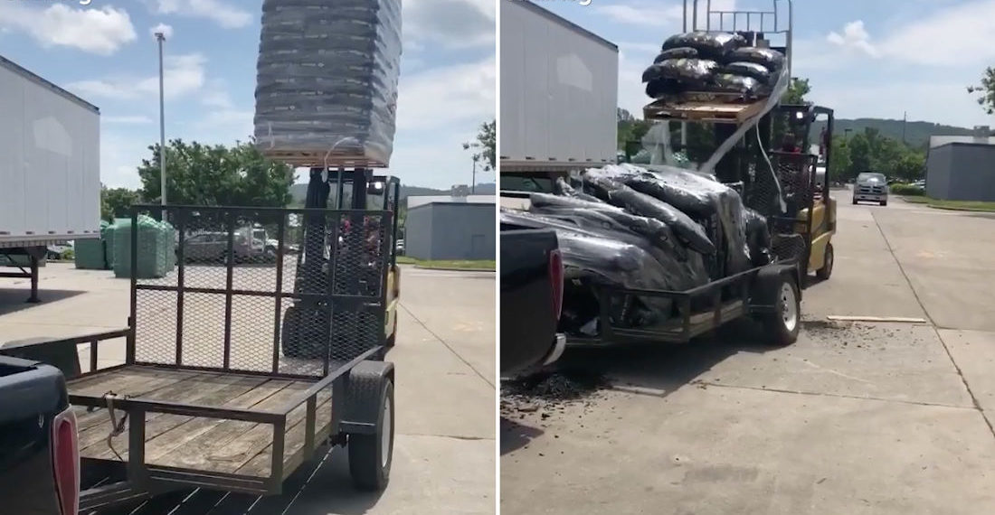 Forklift Crushes Trailer With Pallet Load Of Mulch