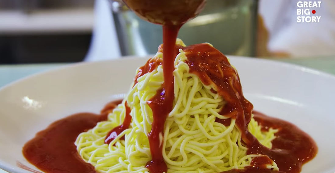 Spaghetti Ice Cream: Extruded Gelato Topped With Strawberry Sauce ‘Marinara’