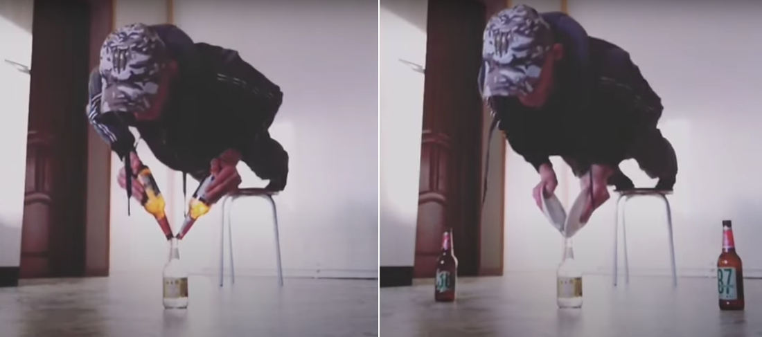 Guy Does Push-Ups Balancing Two Beer Bottles On Top Of Another Beer Bottle