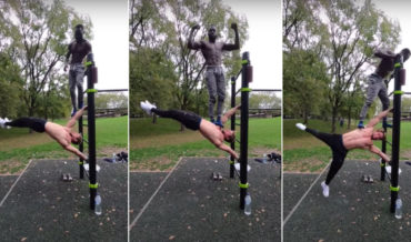 Bodybuilder Performs Human Flag With Another Guy Standing On Him