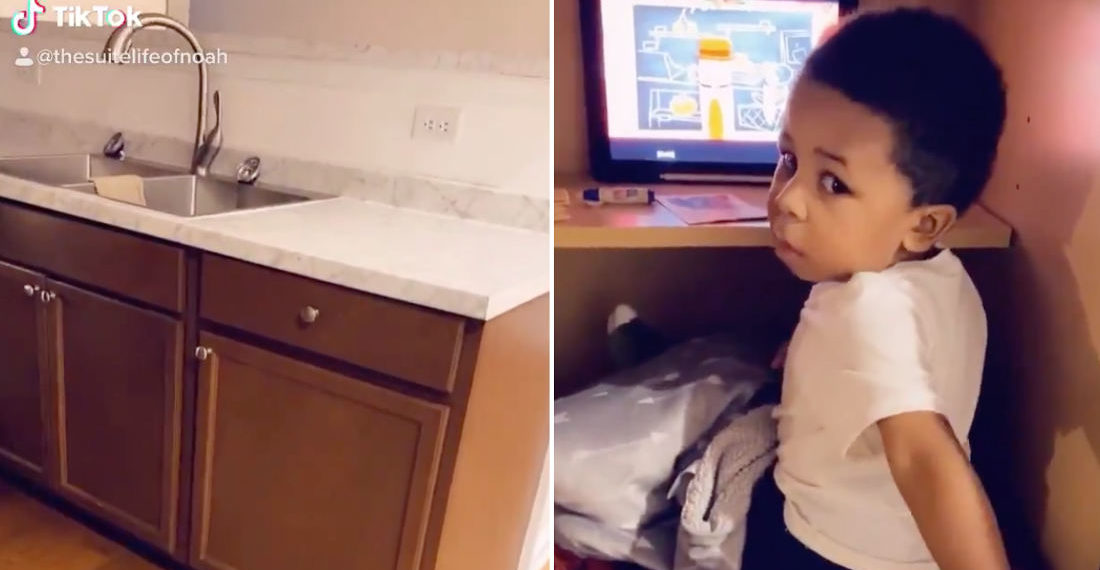 Smart Thinking: Kid Makes Tiny Private Office Out Of Kitchen Cabinet