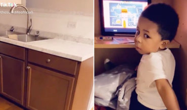 Smart Thinking: Kid Makes Tiny Private Office Out Of Kitchen Cabinet