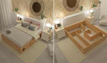 A Platform Bed Built With A Maze For Cats Beneath It