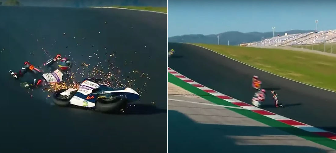 Motorcycle Racer Narrowly Makes It Off Track After Crash