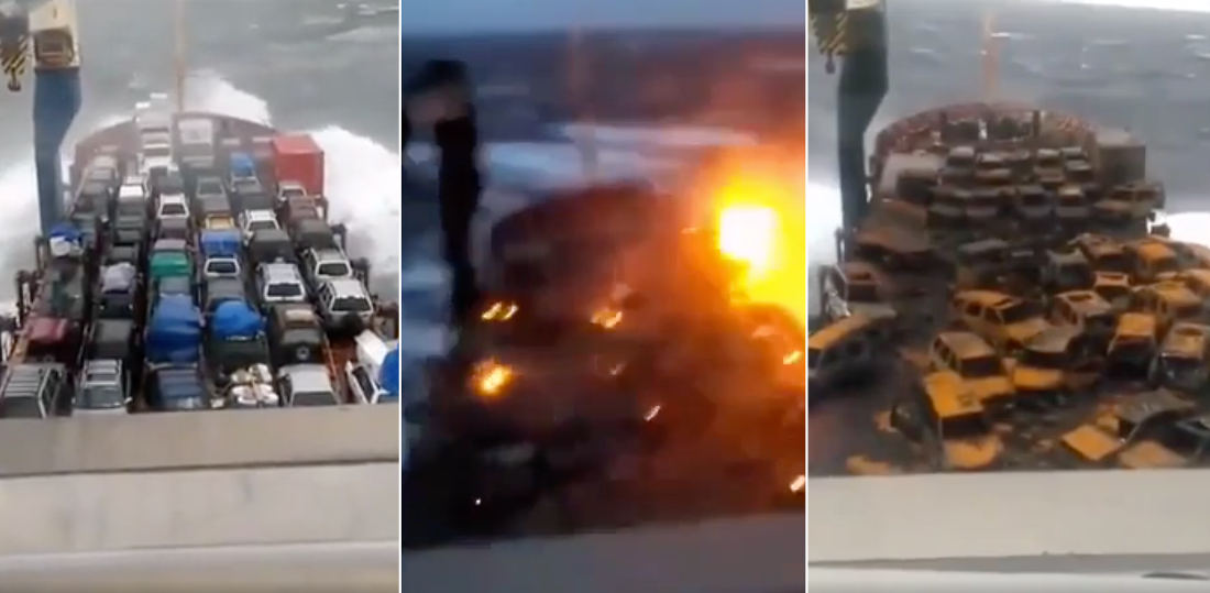 Video Of Cars On Top Deck Of A Cargo Ship Burning