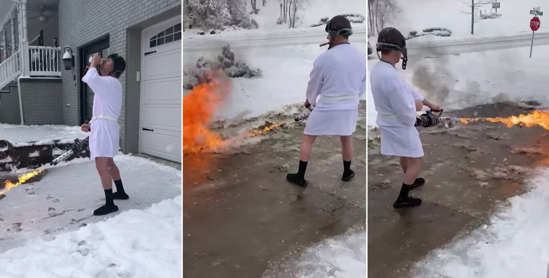 Nice: Guy Dressed As Cousin Eddie Cleaning Snowy Driveway With Flamethrower