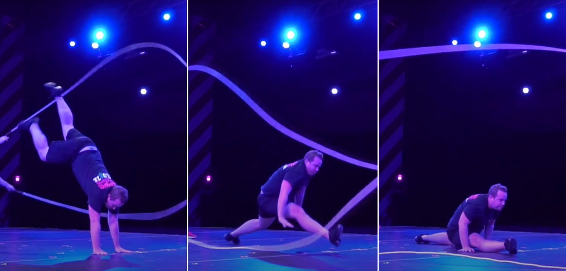 Guy Does Push-Up To Splits While Double Dutch Jump Roping