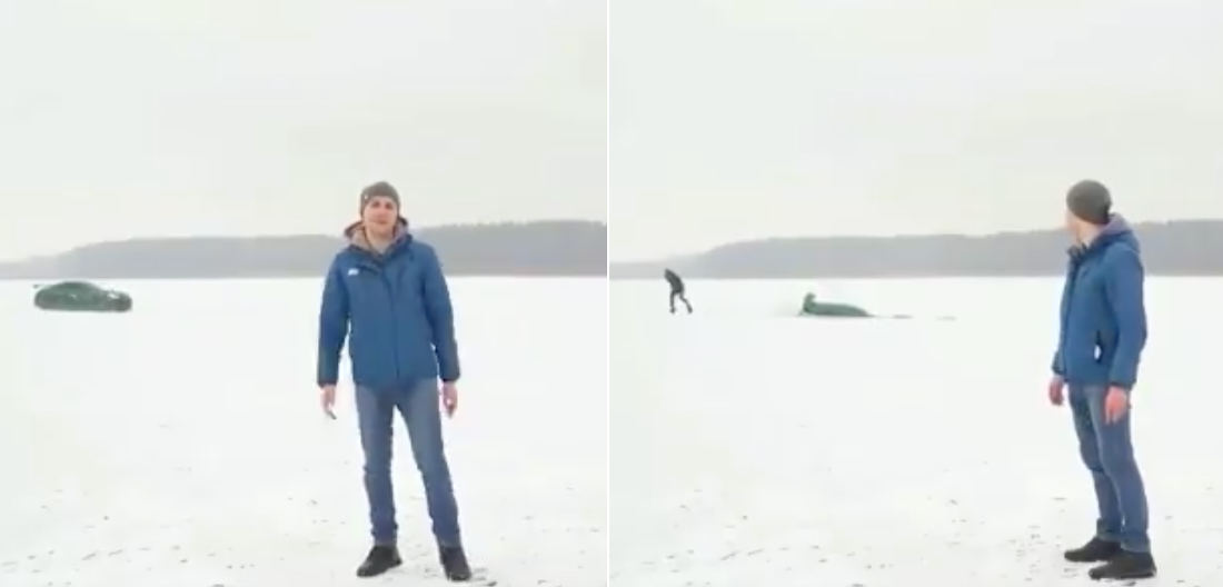 Sports Car Doing Donuts On Not-So-Frozen Lake Ends Swimmingly