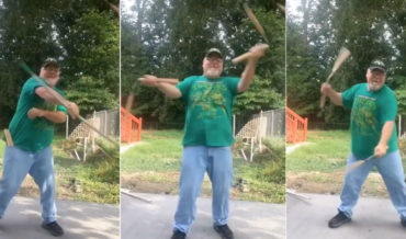 Older Ninja In TMNT Shirt Demonstrates His Bo Staff And Nunchuck Skills