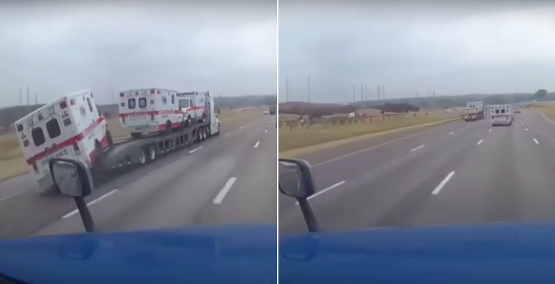 I’m Free!: Ambulance Rolls Off Back Of Auto Transport Onto Highway