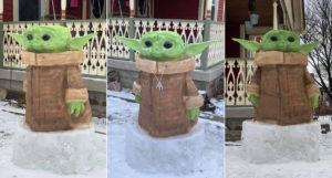A Baby Yoda Painted Snow Sculpture