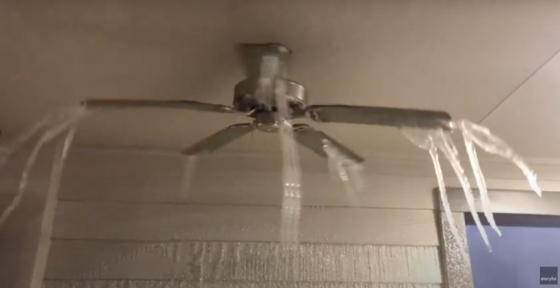 Ceiling Fan With Icicles On Blades That Formed While It Was Spinning