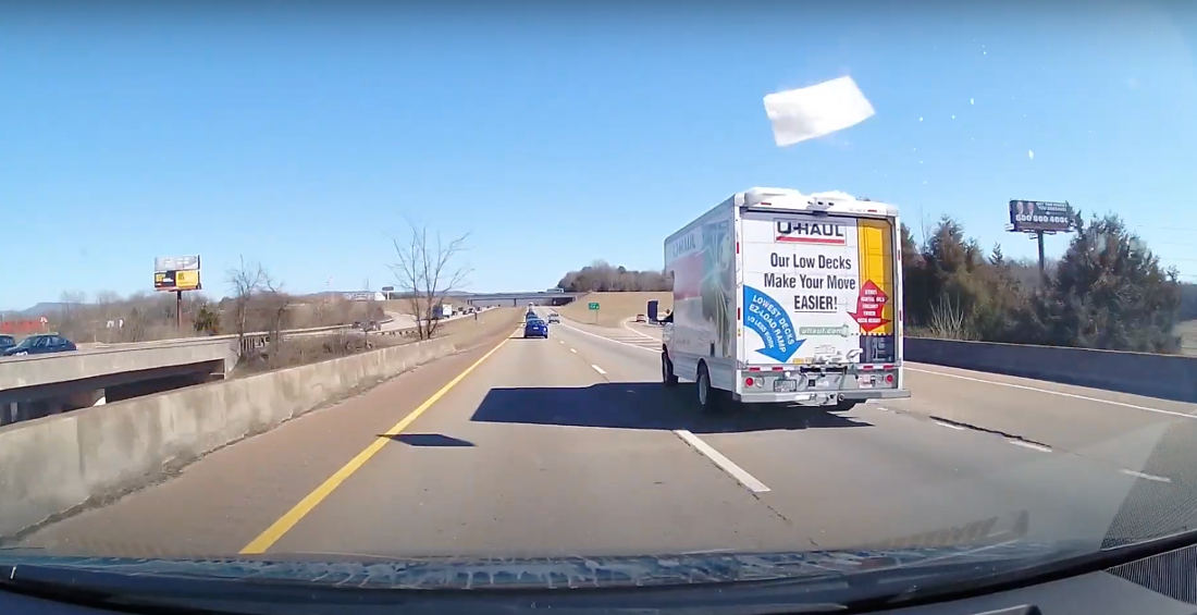 Damn: Ice Chunk From Top Of U-Haul Smashes Windshield