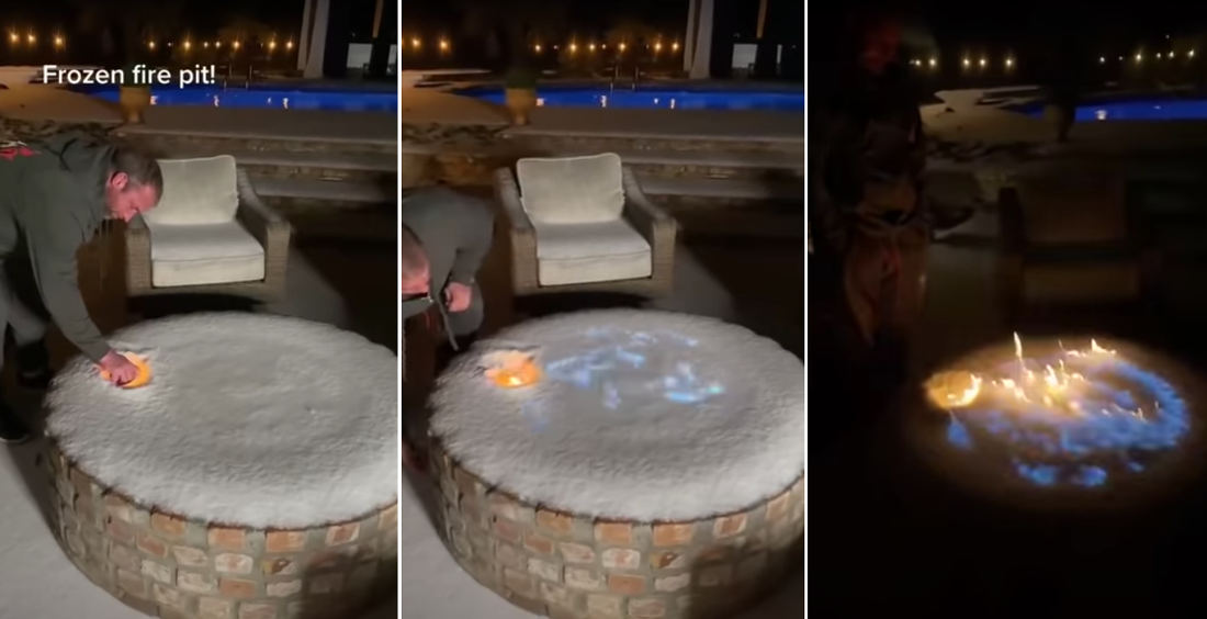 Guy Lights Snow Covered Gas Fire Pit