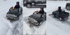 Come Do My Driveway: Kid Plows Snow With Modified Power Wheels