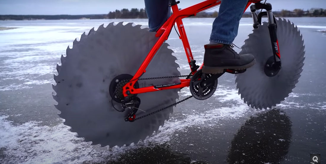Replacing A Bike’s Wheels With Giant Saw Blades To Ride On A Frozen Lake