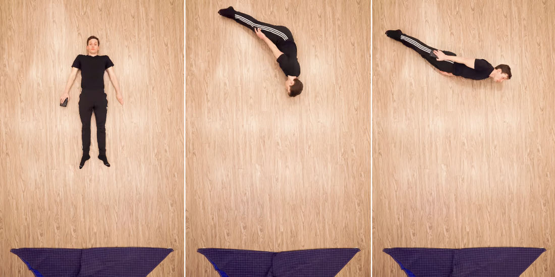 Man Performs Very Clever Stop Motion Trampoline Routine Laying On The Floor