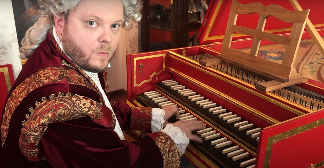 Mario Theme Performed By Man Dressed As Mozart Playing Baroque Harpsichord