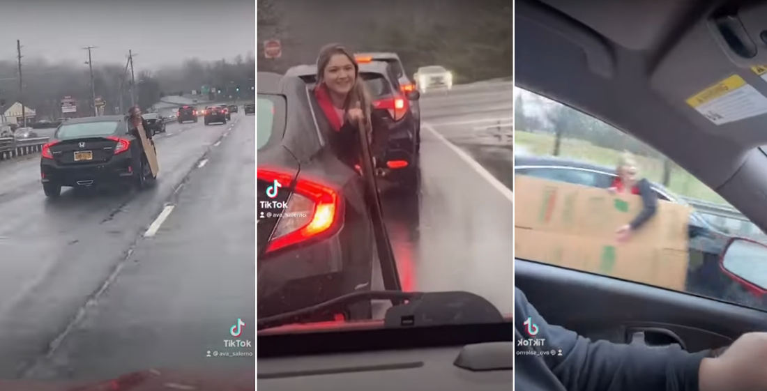 Smart: Girl Hangs Out Car Window To Transport Empty Box