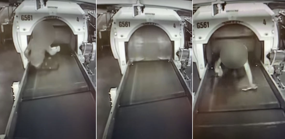Kid Rides Baggage Conveyor Belt Into Sorting Machine At Airport