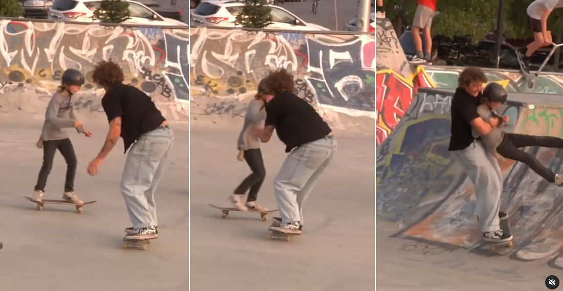 Skateboarder Smoothly Picks Up Kid He’s About To Run Into, Returns To Own Board