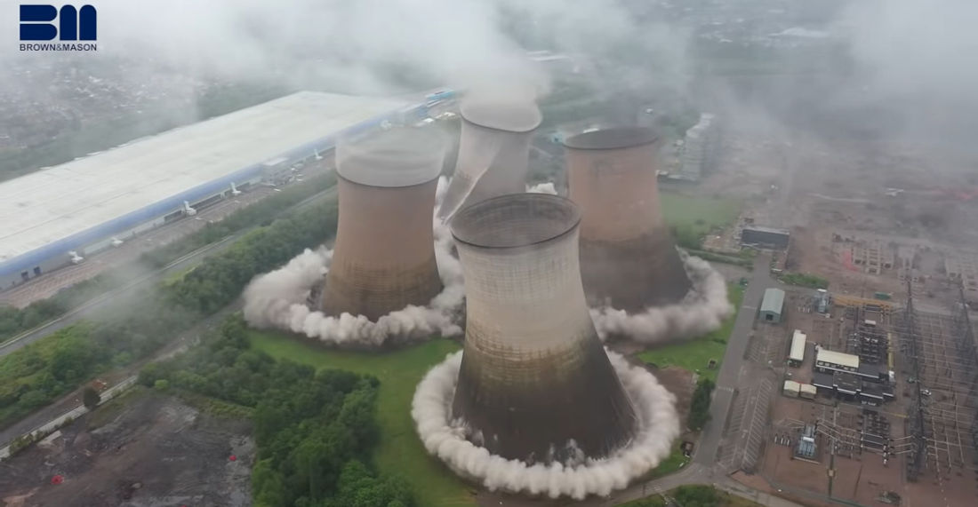 Four Power Station Cooling Towers Being Demolished Simultaneously