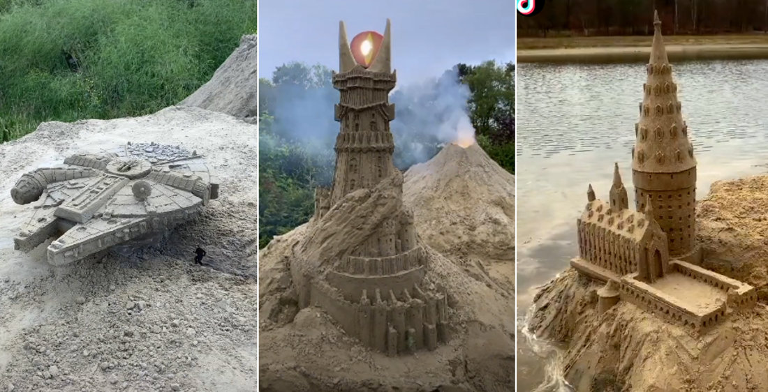 Timelapse Video Of Sand Sculptor Creating Millennium Falcon, Eye Of Sauron, Hogwarts