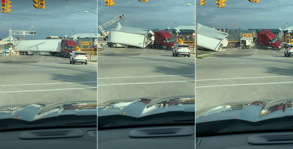 Train Plows Through Trailer Of Semi Truck Stuck On Tracks - borninspace