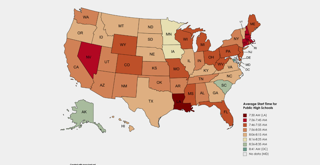 A US Map Of The Average Morning Start Time For US Public Schools