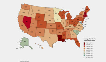 A US Map Of The Average Morning Start Time For US Public Schools