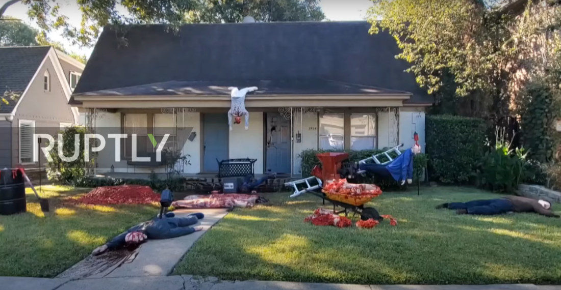 Man’s Ultra-Gory Halloween Decorations, Including Wood Chipper Blood Fountain