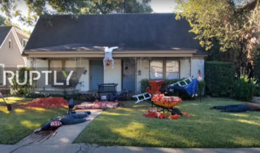Man’s Ultra-Gory Halloween Decorations, Including Wood Chipper Blood Fountain