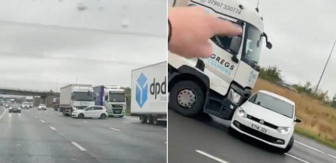 Truck Driver Obliviously Pushes T-Boned Car Down Highway